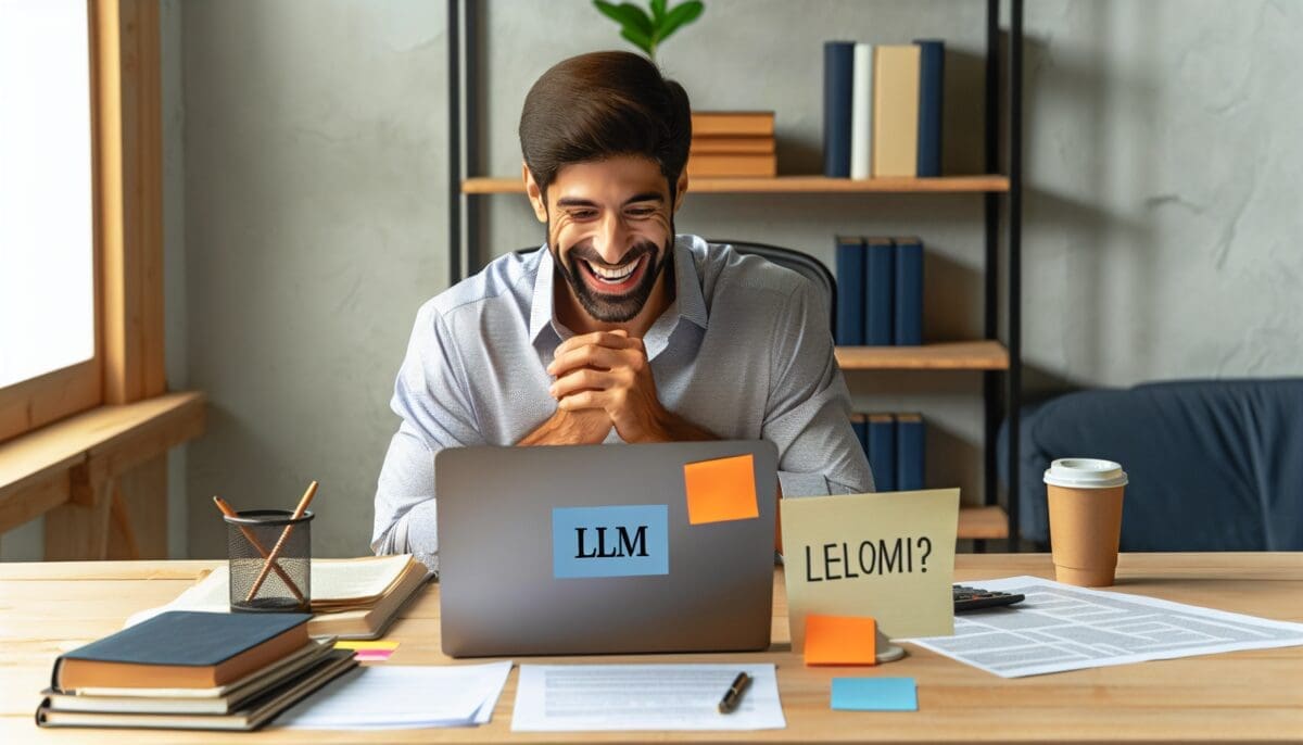A small business owner looking relieved while comparing affordable Large Language Model solutions