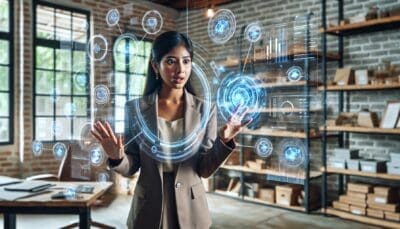 A small business owner looking amazed while interacting with a futuristic AI interface