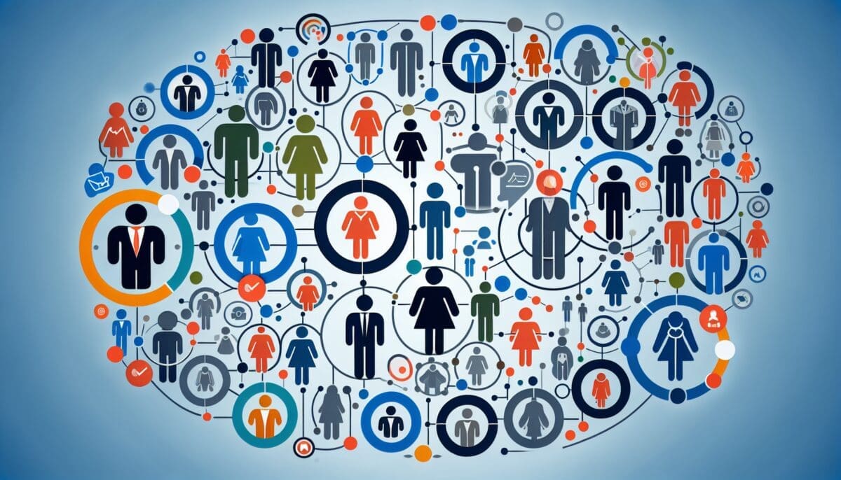 Data-driven customer segmentation visualization showing diverse customer groups connected to personalized marketing automation workflows