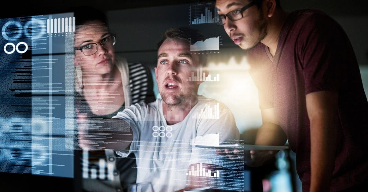 Three professionals analyze data on an interactive display showing charts, graphs, and text overlays, demonstrating collaborative decision-making using advanced analytics tools and RAG.